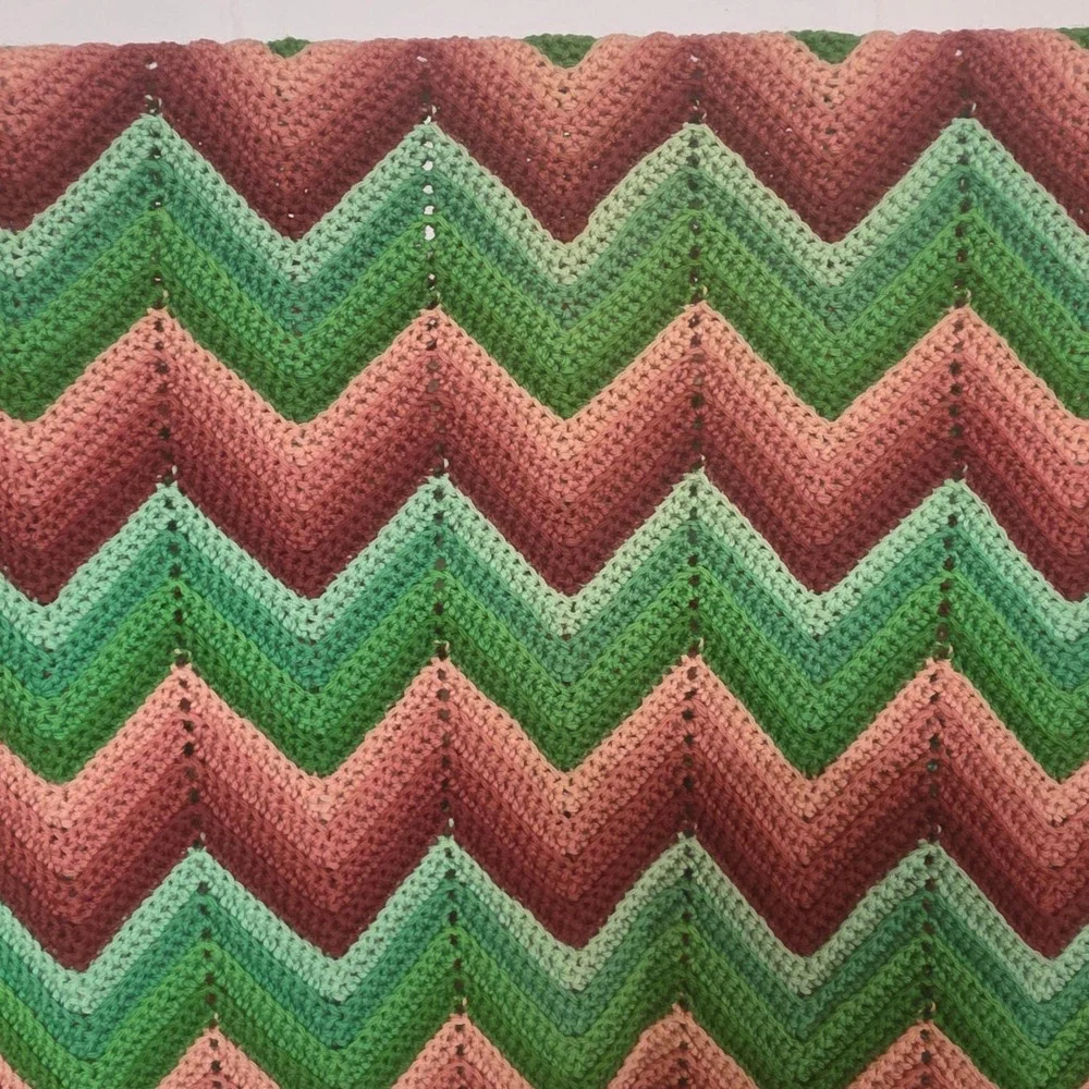 Handmade Crochet Chevron Afghan Blanket Earth Tones Green Raspberry Throw 44x68